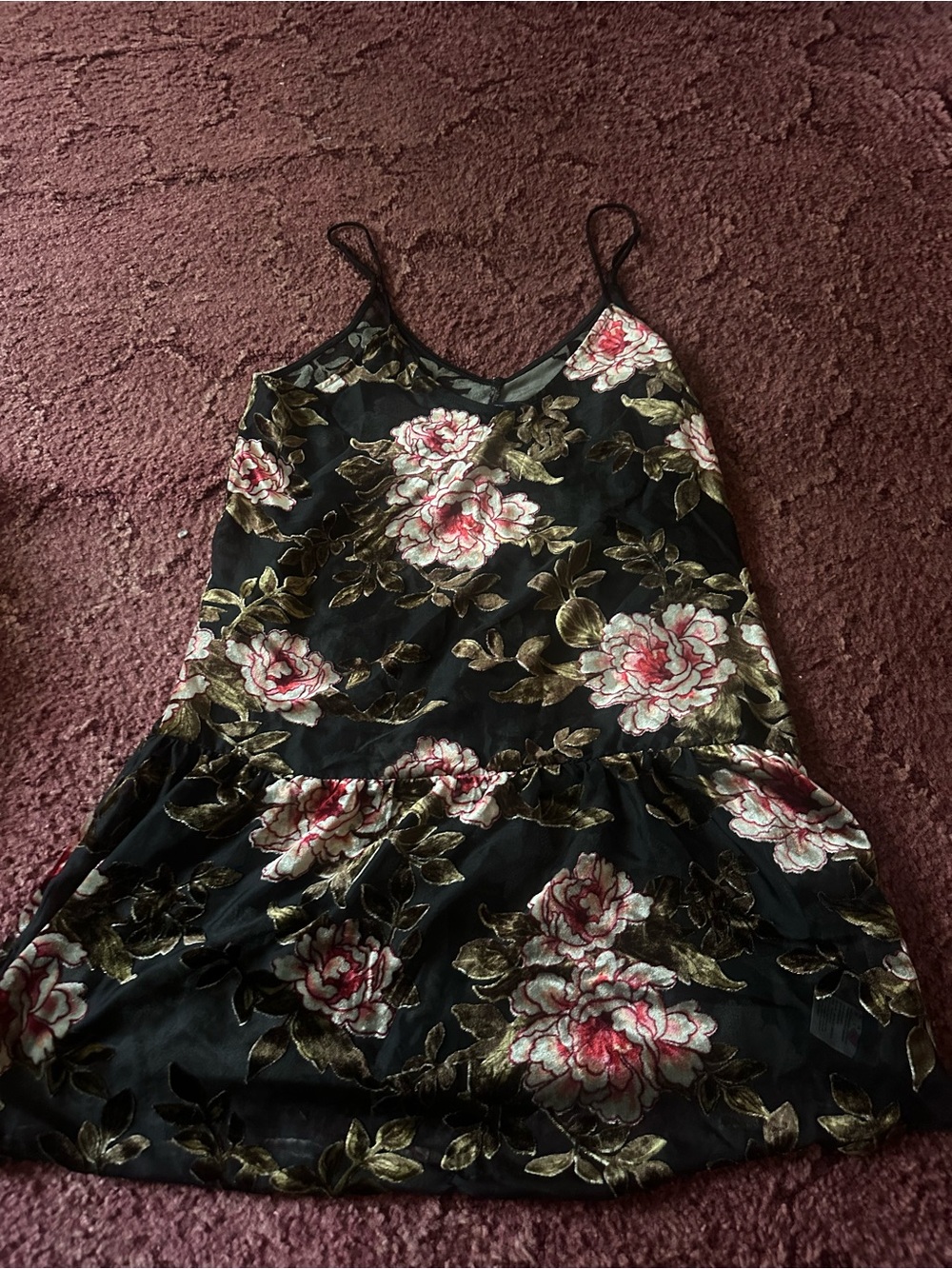 Black Floral Velvet Slip Dress with Pink & Olive Roses